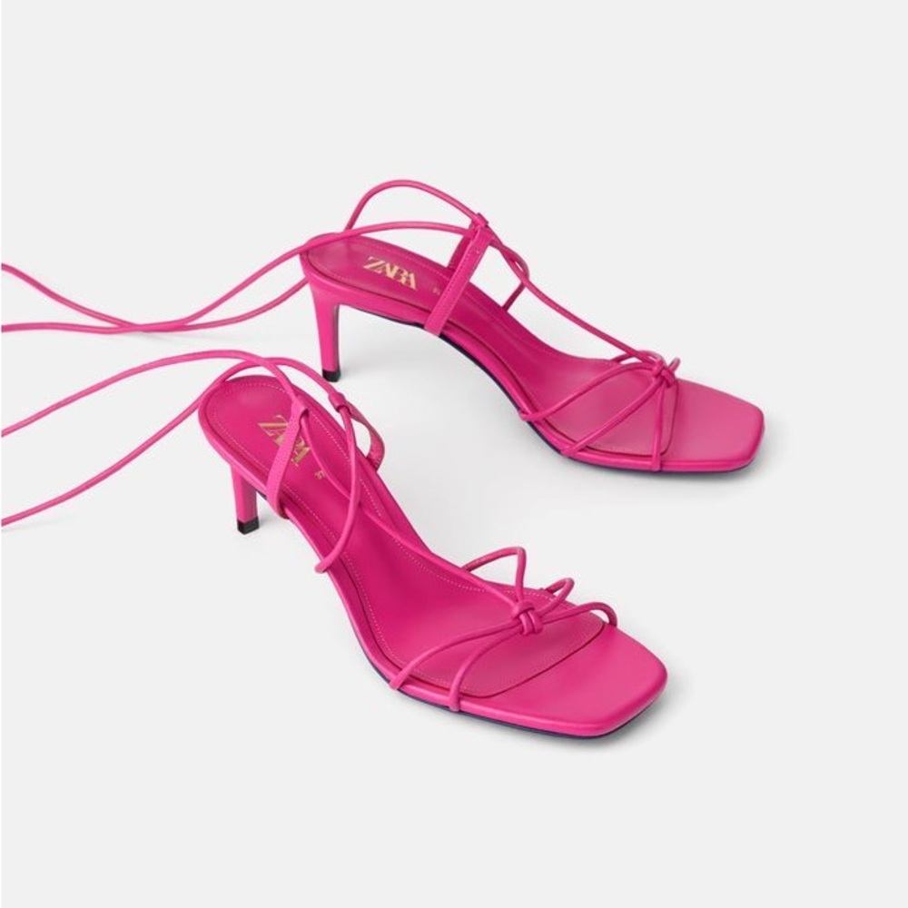 NWT Zara Blue Collection Barbie Pink Leather Mid Heel Sandal 38